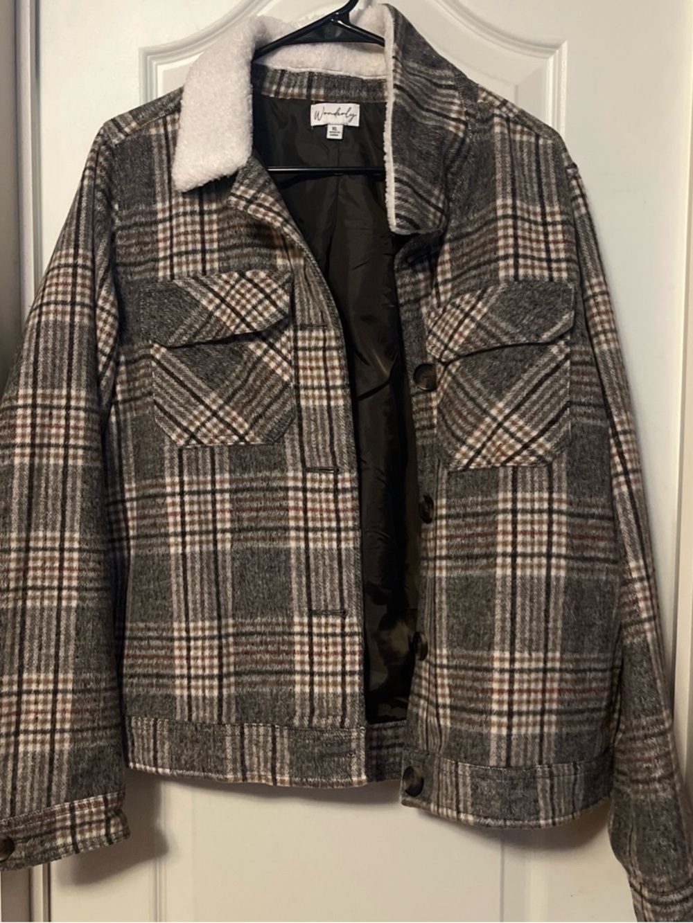 Wonderly Plaid Sherpa-Collar Bomber Jacket in Gray and Brown